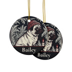 Front and back of the Pug Christmas ornament: the same design prints on both sides