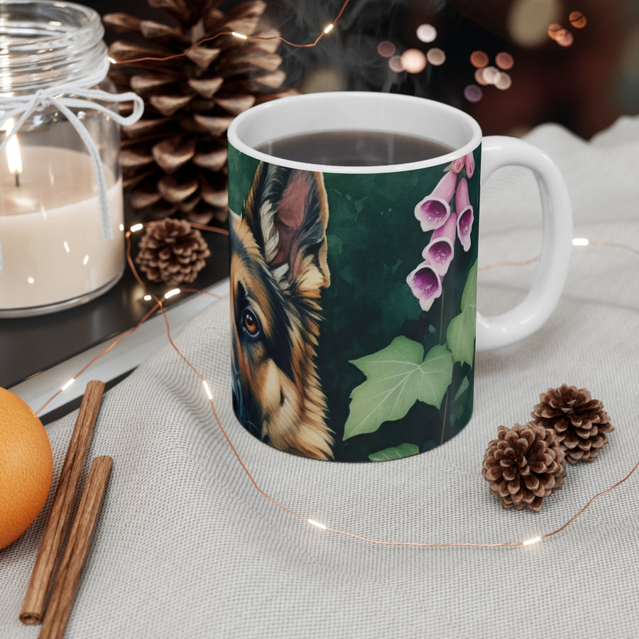 German Shepherd Watercolor Garden Peek Coffee Mug | Premium Dog Prints | Tritan — detail view