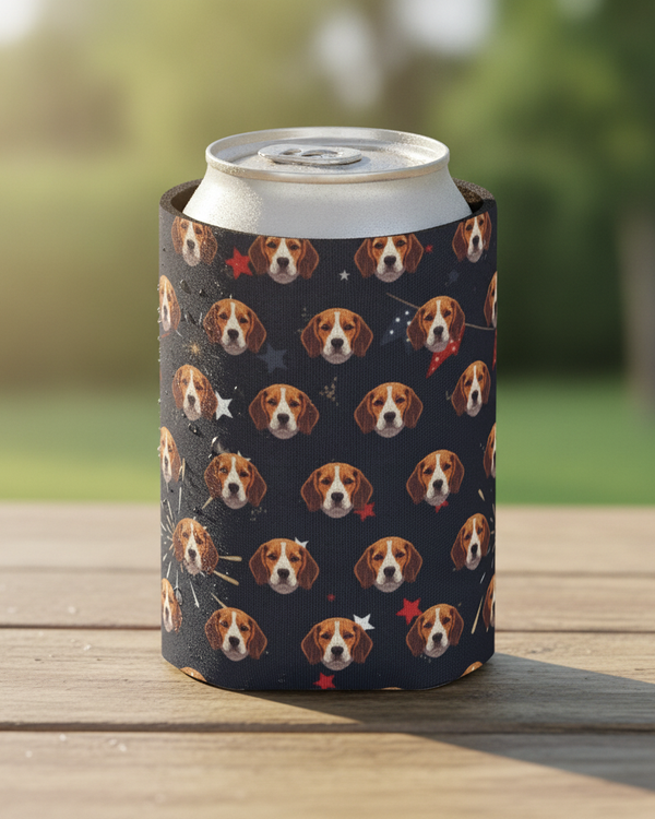 Beagle America 250 Pattern Can Cooler, Patriotic Dog Art Gift for Beagle Lover, Independence Day Drink Cooler, Summer Party Decor