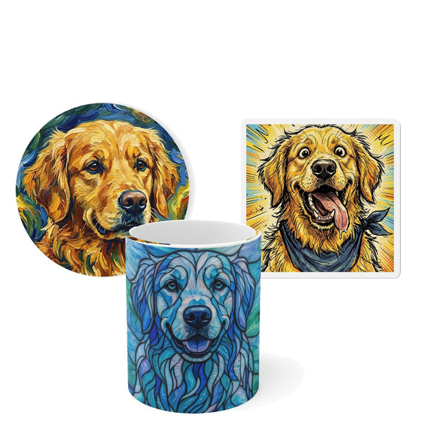 Golden Retriever Desk Set — 3 Art Styles | Mug + Coaster + Magnet