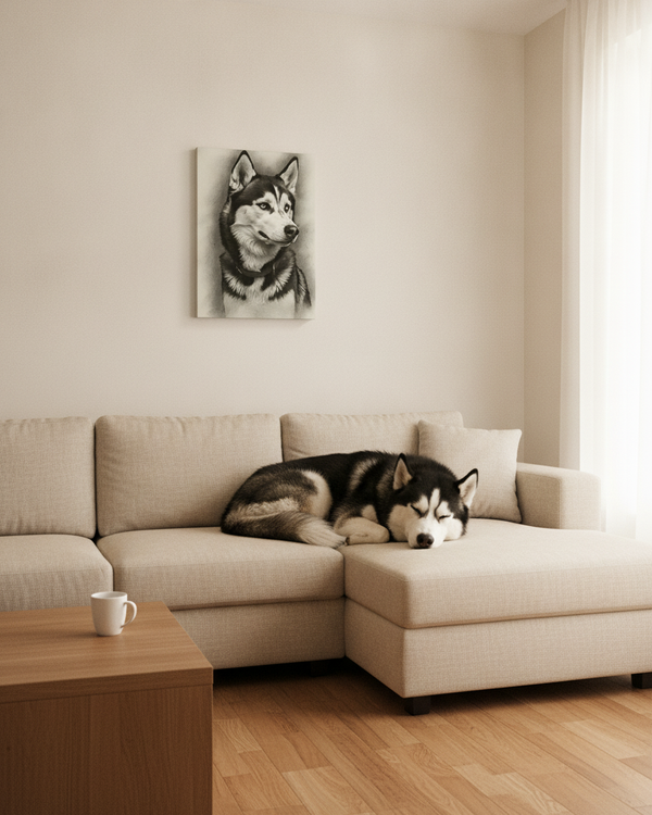 Siberian Husky Wall Art, Charcoal Dog Portrait Canvas Print, Pet Lover Gift, Husky Mom Dad Decor, Dog Art Print, Ready to Hang — Lifestyle View