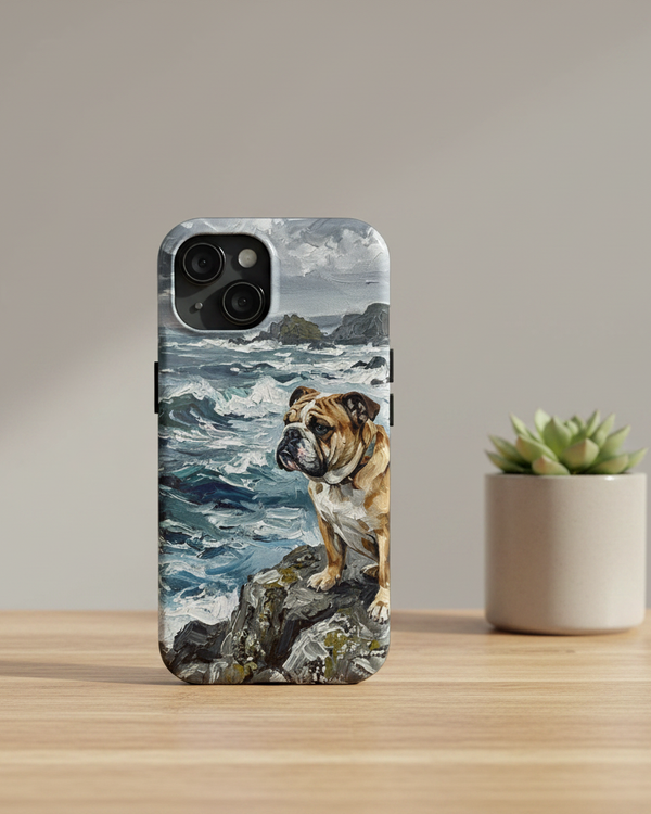 English Bulldog Acrylic Coastal Cliffside Phone Case | Premium Dog Art | Tritan