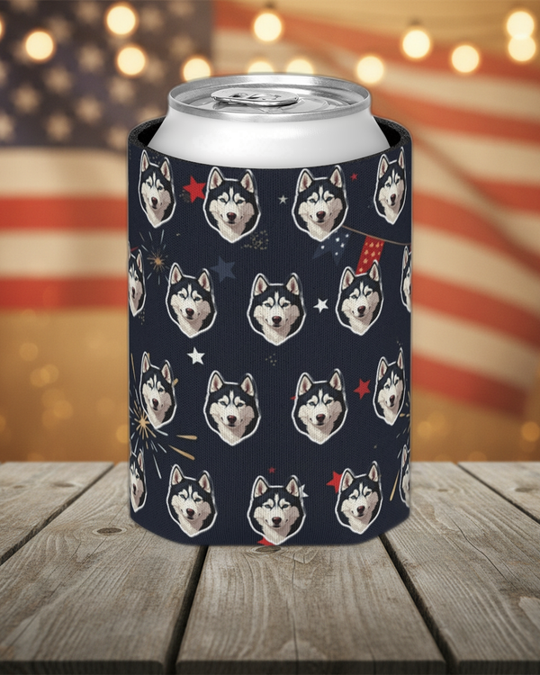 Siberian Husky 4th of July Can Cooler, Patriotic Dog Art Drink Insulator, July 4th Gift, USA Pride Accessory