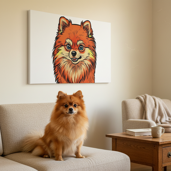 Comic Book Pomeranian Canvas — Bold Dog Wall Art — Lifestyle View