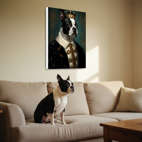 Boston Terrier Renaissance Royal Portrait Canvas Wall Art, Regal Dog Painting, Boston Terrier Lover Gift, Stretched Canvas — Lifestyle View