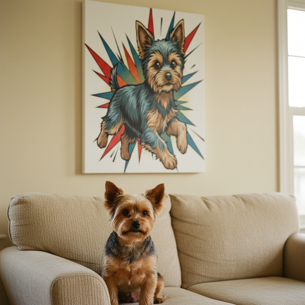 Yorkshire Terrier Canvas Print - Dynamic Comic Book Art with Halftone Dots - Energetic Yorkie Pop Art for Dog Lovers — Lifestyle View