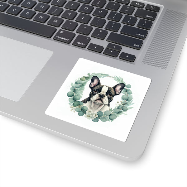 French Bulldog Watercolor Botanical Wreath Kiss-Cut Stickers | Premium Dog Prints | Tritan — Lifestyle View