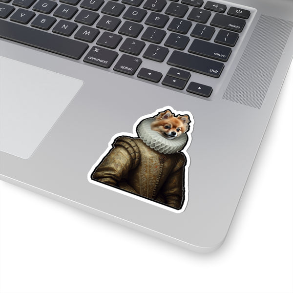 Pomeranian Renaissance Royal Portrait Sticker, Dog Portrait Vinyl Decal, Kiss-Cut Sticker, Pomeranian Lover Gift — Lifestyle View