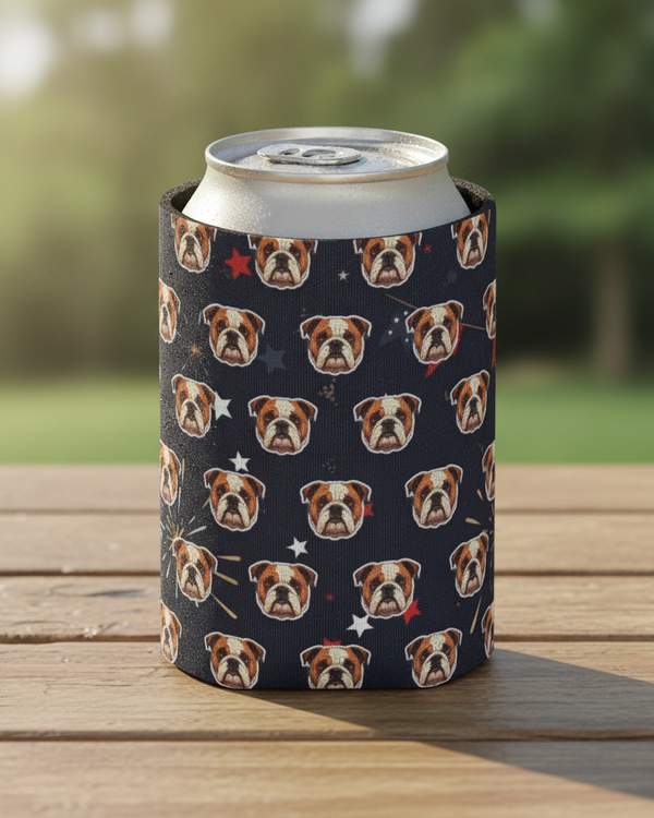 English Bulldog Can Cooler, America 250 Patriotic Dog Art, USA Flag Puppy Gift, Summer Drinkware Decor, American Bully Lover Present