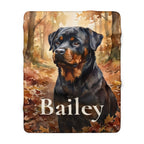 Personalized Rottweiler sherpa fleece blanket, watercolor-style portrait with the dog's name across the lower part