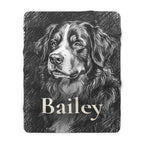 Personalized Bernese Mountain Dog sherpa fleece blanket, charcoal-style portrait with the dog's name across the lower part