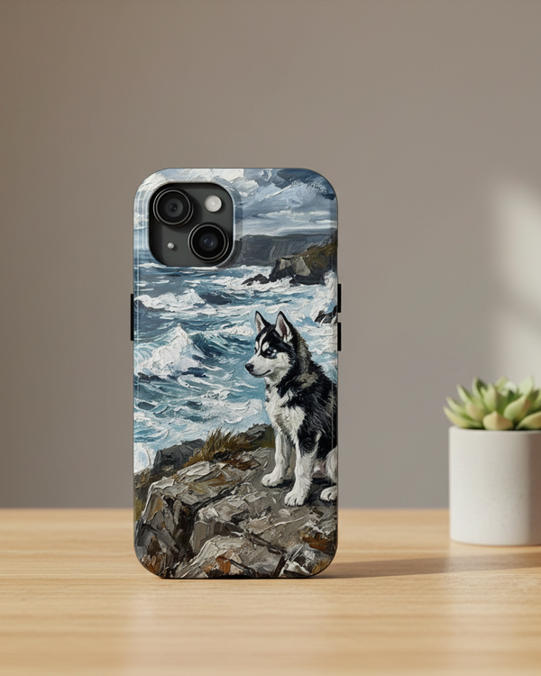 Siberian Husky Acrylic Coastal Cliffside Phone Case | Premium Dog Art | Tritan