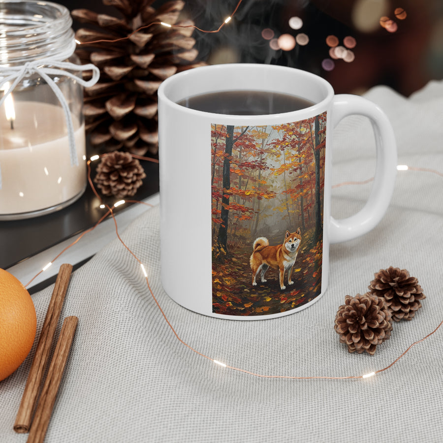 Shiba Inu Mug, Autumn Woods Acrylic Painting Dog Art Ceramic Coffee Cup, Pet Lover Gift, Home Decor