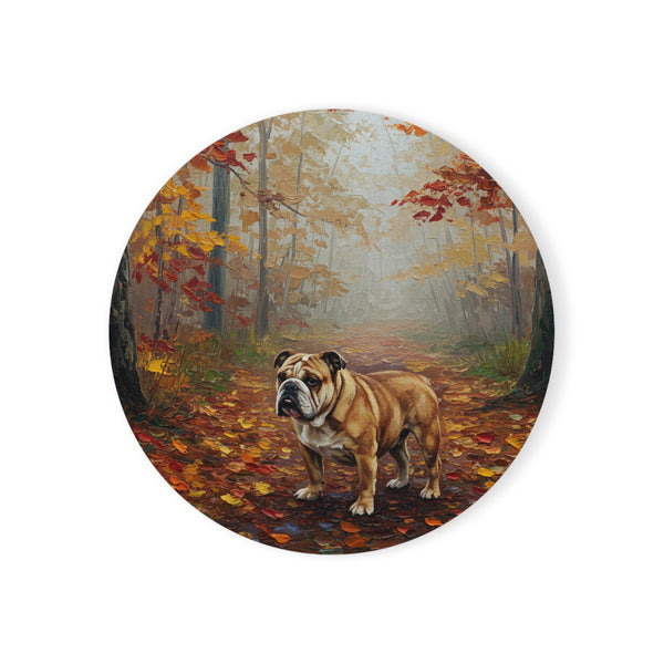 Acrylic English Bulldog - Autumn Woods | Cork Back Coaster