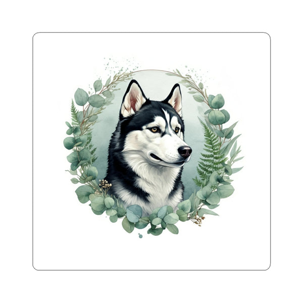 Siberian Husky Watercolor Botanical Wreath Kiss-Cut Stickers | Premium Dog Prints | Tritan