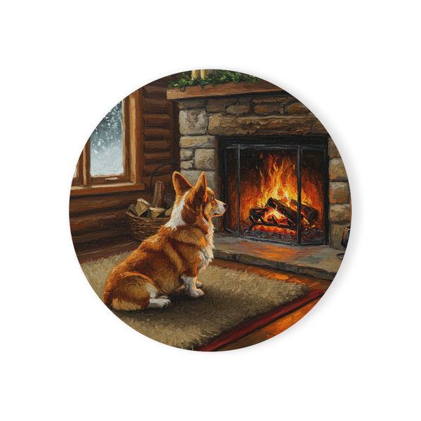 Acrylic Corgi - Winter Hearth | Cork Back Coaster