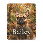 Personalized French Bulldog sherpa fleece blanket, watercolor-style portrait with the dog's name across the lower part
