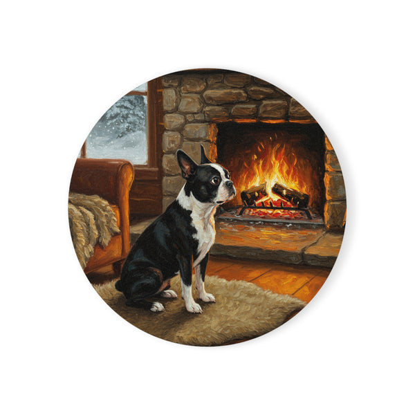 Acrylic Boston Terrier - Winter Hearth | Cork Back Coaster