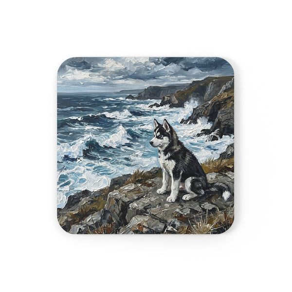 Acrylic Gallery Print Siberian Husky - Coastal Cliffside | Cork Back Coaster