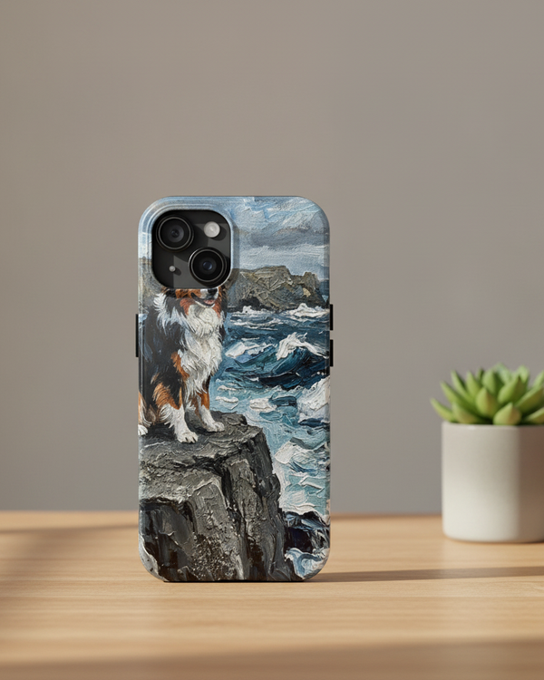 Australian Shepherd Acrylic Coastal Cliffside Phone Case | Premium Dog Art | Tritan