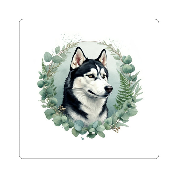 Siberian Husky Watercolor Botanical Wreath Kiss-Cut Stickers | Premium Dog Prints | Tritan