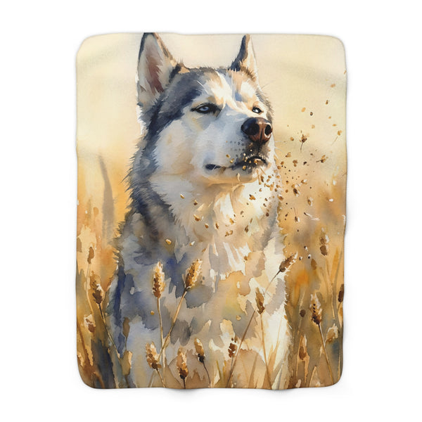 Siberian Husky Watercolor Meadow Golden Throw Blanket | Premium Dog Art | Tritan
