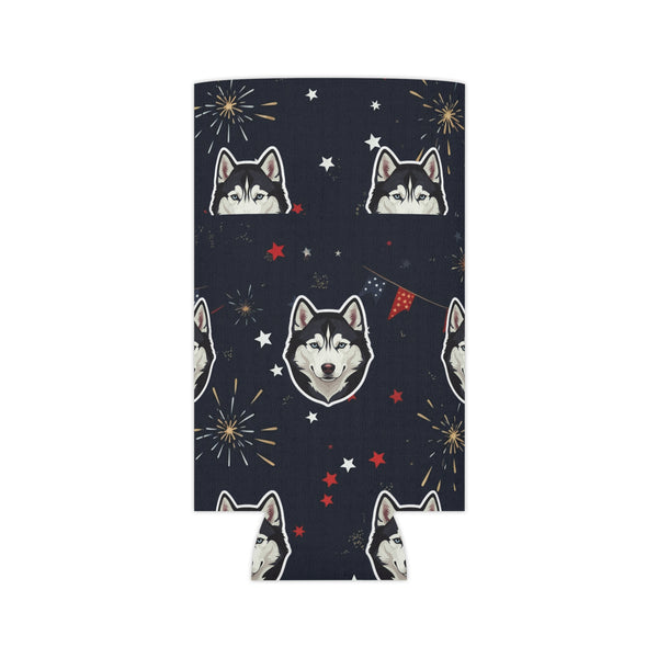 Siberian Husky 4th of July Can Cooler, Patriotic Dog Art Drink Insulator, July 4th Gift, USA Pride Accessory — Lifestyle View