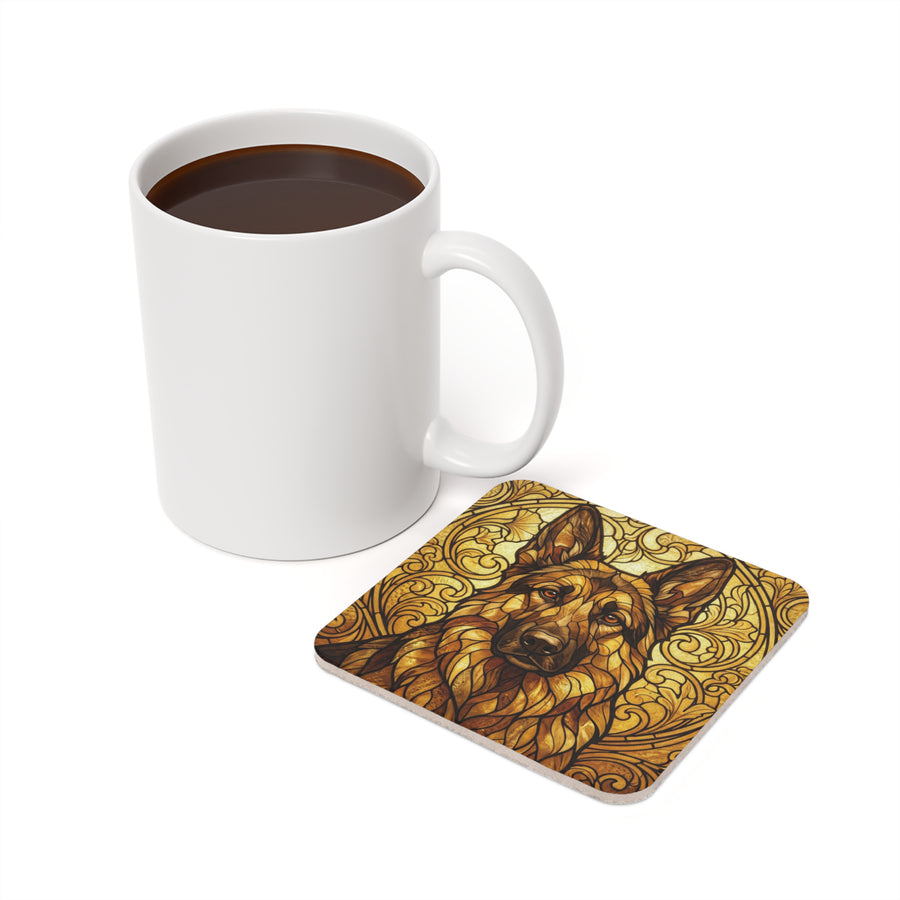 German Shepherd Stained Glass Monochrome Gold Cork Back Coaster | Dog Lover Gift