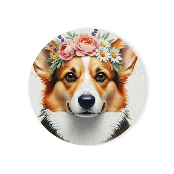 Corgi Watercolor Floral Crown Drink Coaster | Premium Dog Prints | Tritan