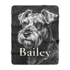 Personalized Miniature Schnauzer sherpa fleece blanket, charcoal-style portrait with the dog's name across the lower part