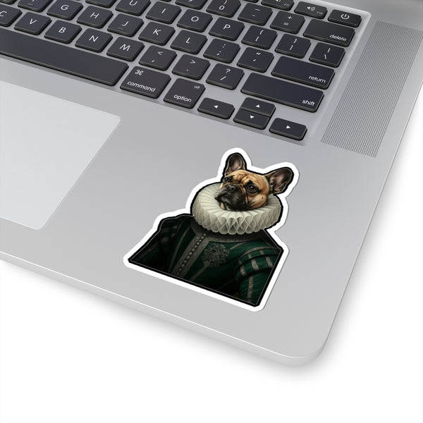 French Bulldog Renaissance Royal Portrait Sticker, Dog Portrait Vinyl Decal, Kiss-Cut Sticker, French Bulldog Lover Gift — Lifestyle View