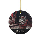 Front of the personalized Yorkshire Terrier Christmas ornament, ceramic, 2.9 inches, with the sample name Bailey