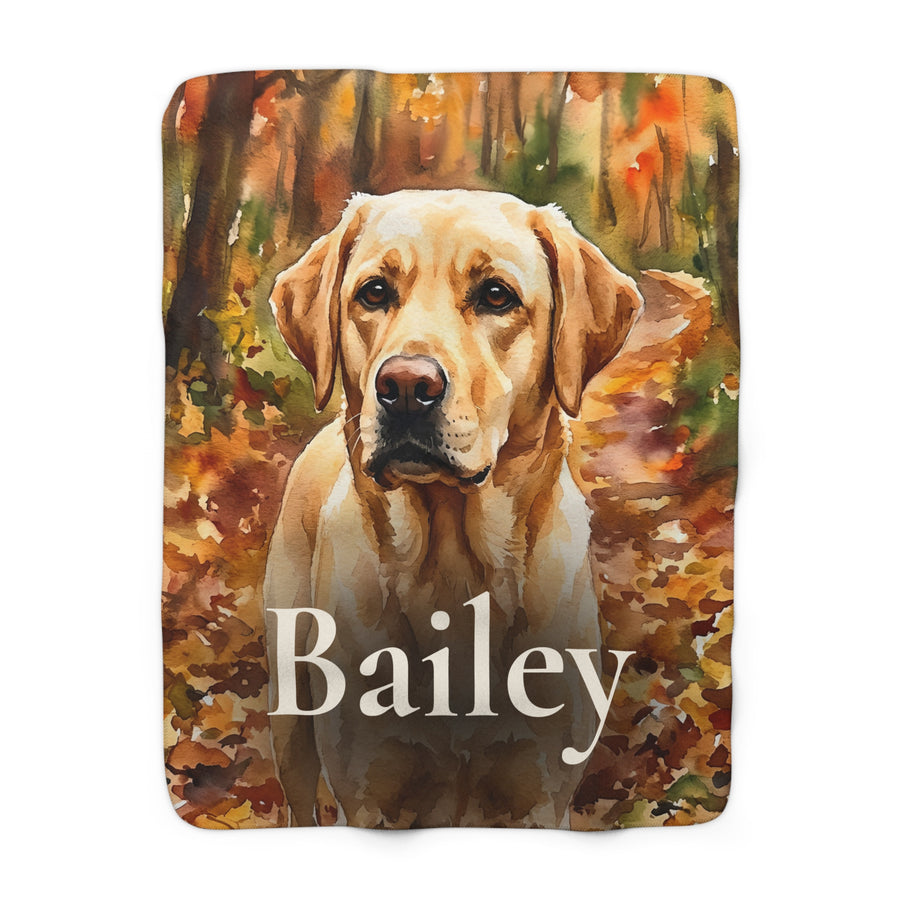 Personalized Labrador Retriever sherpa fleece blanket, watercolor-style portrait with the dog's name across the lower part