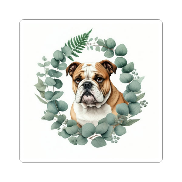 English Bulldog Watercolor Botanical Wreath Kiss-Cut Stickers | Premium Dog Prints | Tritan