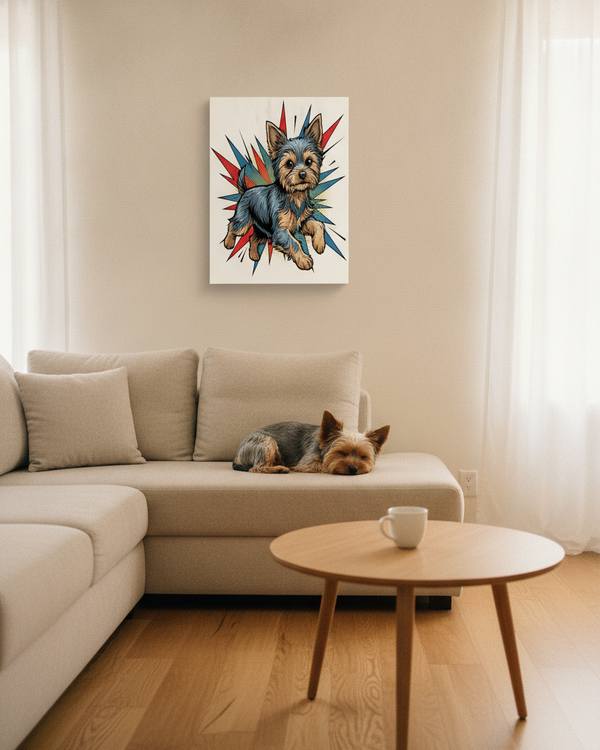 Yorkshire Terrier Canvas Print - Dynamic Comic Book Art with Halftone Dots - Energetic Yorkie Pop Art for Dog Lovers — Lifestyle View