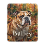 Personalized English Bulldog sherpa fleece blanket, watercolor-style portrait with the dog's name across the lower part