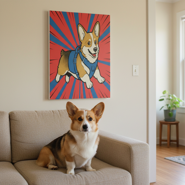 Pembroke Welsh Corgi Comic Pop Art Canvas - Bold Action Corgi Print for Retro Wall Decor — Lifestyle View