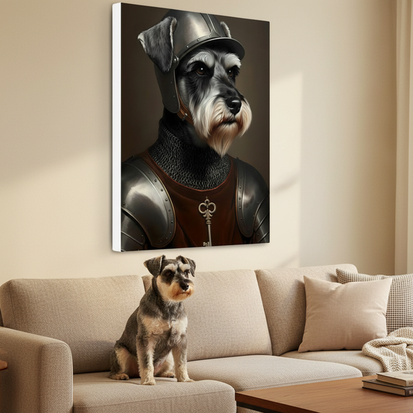Miniature Schnauzer Medieval Knight Portrait Canvas Wall Art, Regal Dog Painting, Miniature Schnauzer Lover Gift, Stretched Canvas — Lifestyle View