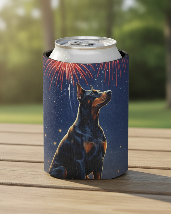 Doberman America 250 Patriotic Dog Pattern Can Cooler | America 250 Party Drink Holder | Doberman Mom Dad Gift | Summer BBQ Decor