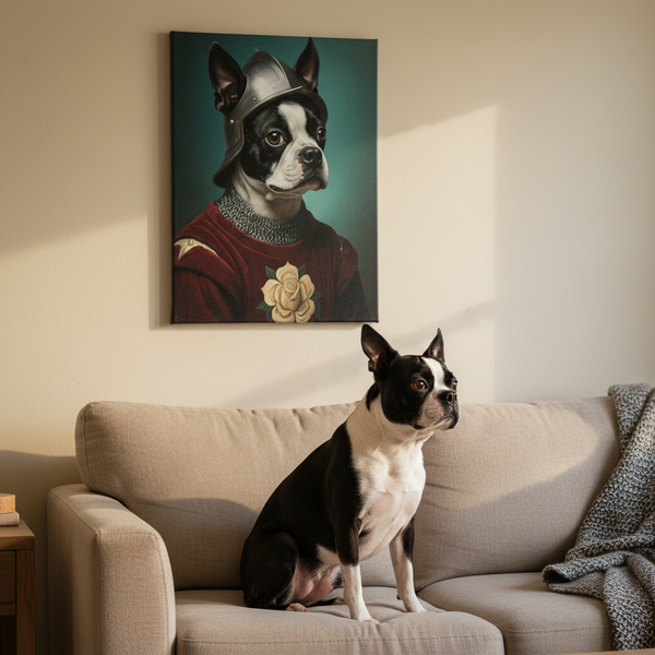 Boston Terrier Medieval Knight Portrait Canvas Wall Art, Regal Dog Painting, Boston Terrier Lover Gift, Stretched Canvas — Lifestyle View
