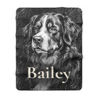 Personalized Bernese Mountain Dog sherpa fleece blanket, charcoal-style portrait with the dog's name across the lower part