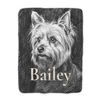 Personalized Yorkshire Terrier sherpa fleece blanket, charcoal-style portrait with the dog's name across the lower part