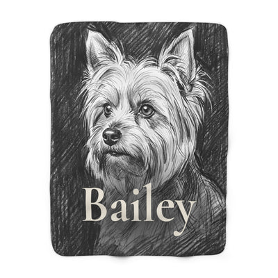 Personalized Yorkshire Terrier Blanket with Your Dog's Name, Charcoal-Style Dog Portrait Sherpa Fleece Throw, Dog Lover Gift