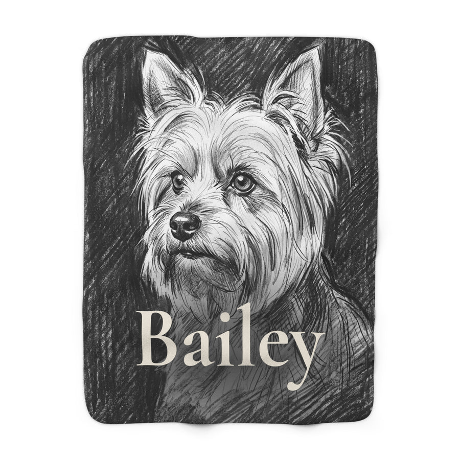 Personalized Yorkshire Terrier sherpa fleece blanket, charcoal-style portrait with the dog's name across the lower part