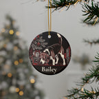 Personalized Beagle Christmas ornament hanging on a Christmas tree, shown with the sample name Bailey