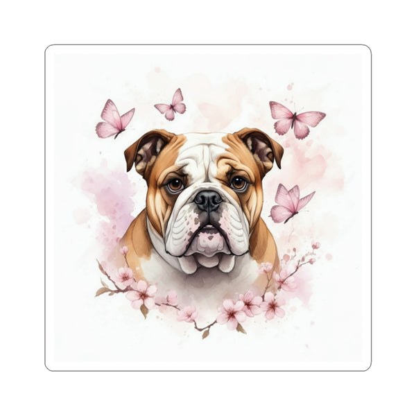 English Bulldog Watercolor Butterfly Bloom Kiss-Cut Stickers | Premium Dog Prints | Tritan