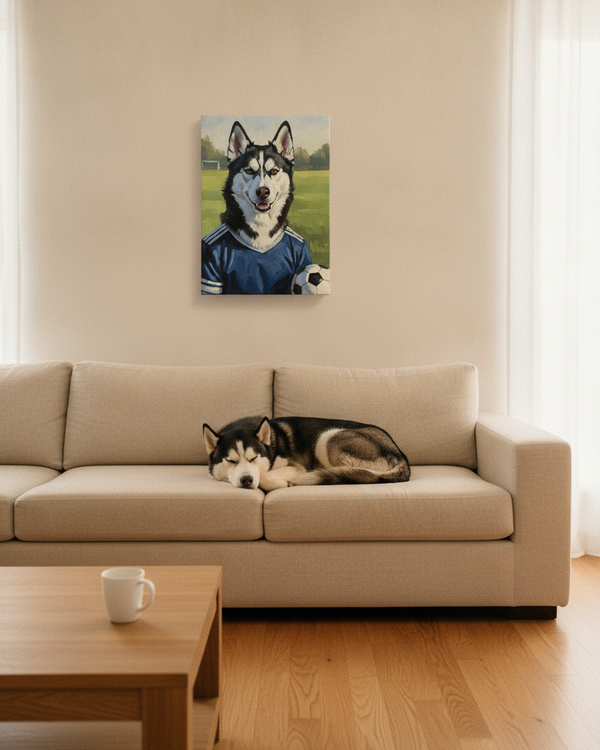 Siberian Husky Oil Painting Soccer Portrait Canvas Art | Dog Wall Decor | Pet Lover Gift for Sports Fans — Lifestyle View
