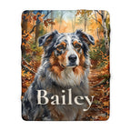 Personalized Australian Shepherd sherpa fleece blanket, watercolor-style portrait with the dog's name across the lower part
