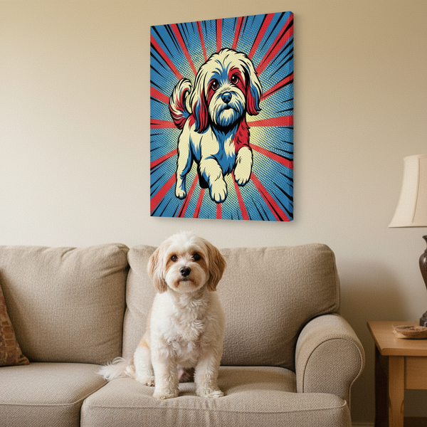 Havanese Comic Art Canvas - Energetic Pop Art Dog Portrait with Halftone Style