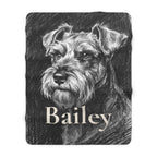 Personalized Miniature Schnauzer sherpa fleece blanket, charcoal-style portrait with the dog's name across the lower part